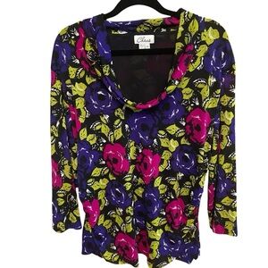 Chaus Women’s Floral Top Size 3X Cowl Neck 3/4 sleeves Black Pink Purple Office